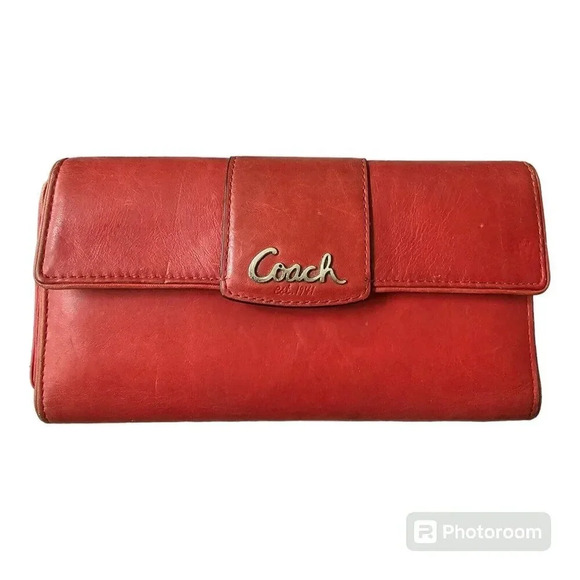 Coach Vintage Red Leather Trifold Checkbook Wallet Designer - Picture 1 of 14